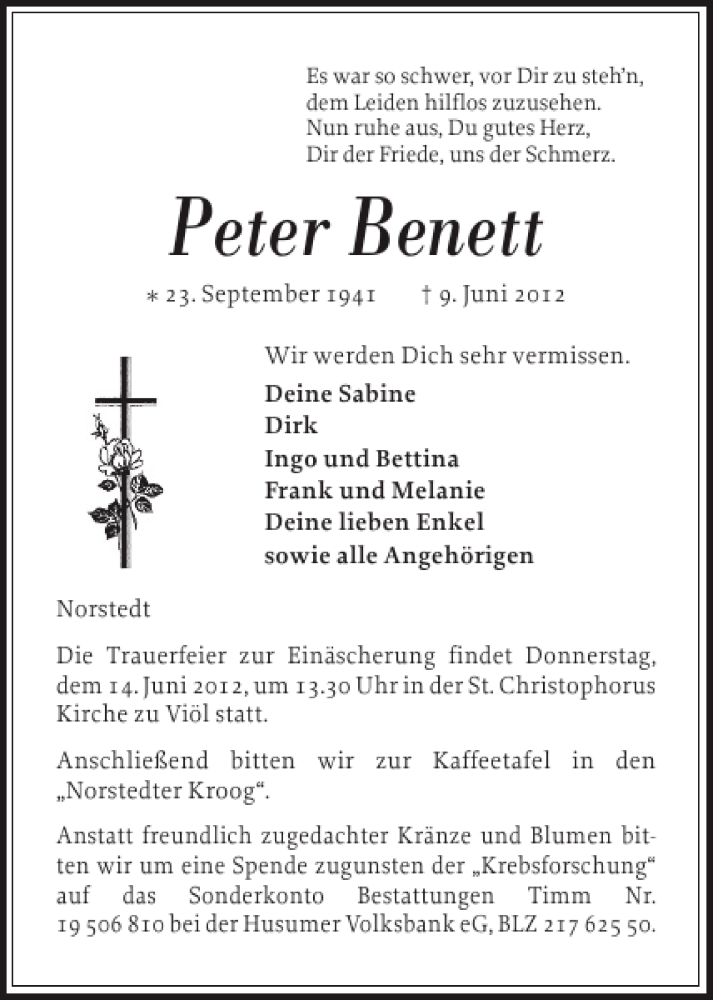  Traueranzeige für Peter Benett vom 12.06.2012 aus Husumer Nachrichten