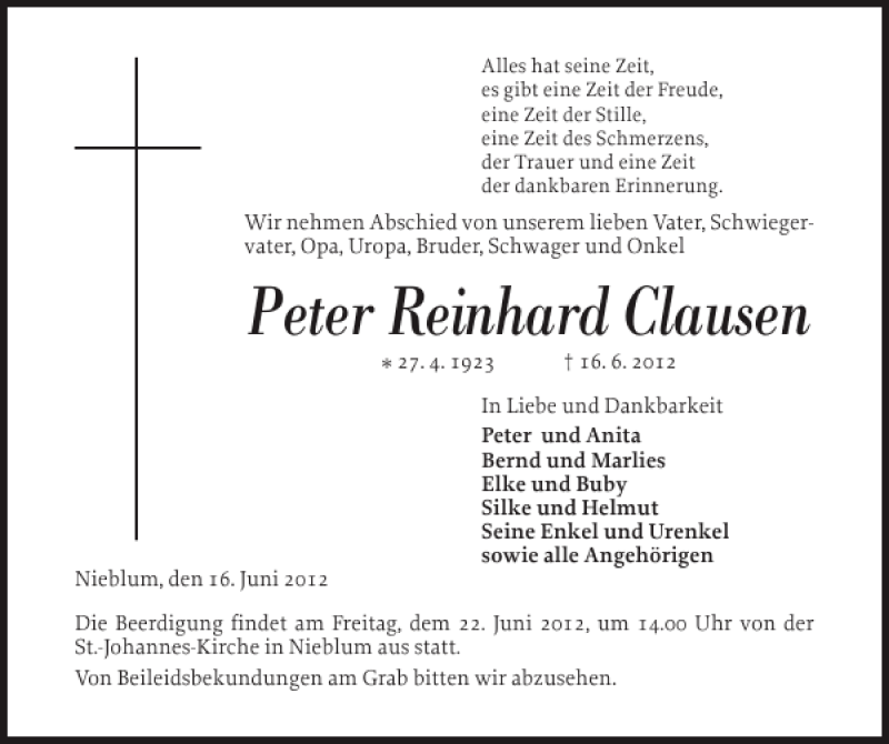  Traueranzeige für Peter Reinhard Clausen vom 18.06.2012 aus Der Insel-Bote