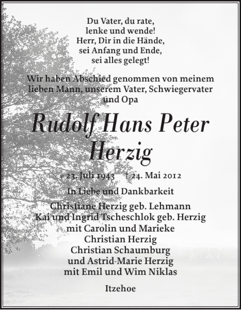  Traueranzeige für Rudolf Hans Peter Herzig vom 02.06.2012 aus Norddeutsche Rundschau