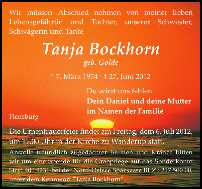  Traueranzeige für Tanja Bockhorn vom 30.06.2012 aus Flensburger Tageblatt