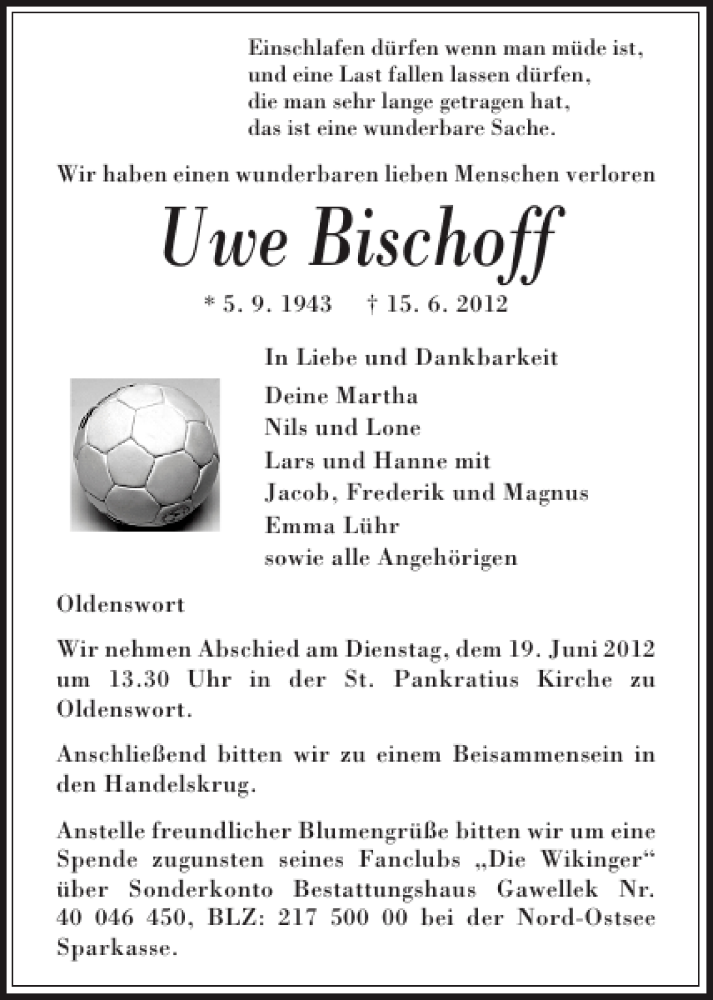 Traueranzeige für Uwe Bischoff vom 16.06.2012 aus Husumer Nachrichten