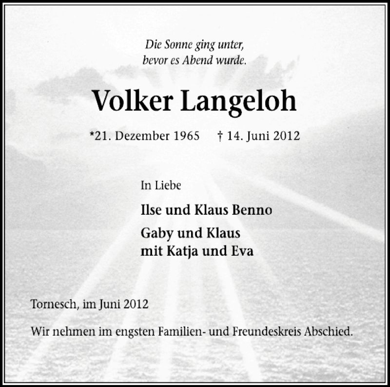  Traueranzeige für Volker Langeloh vom 20.06.2012 aus Elmshorner Nachrichten