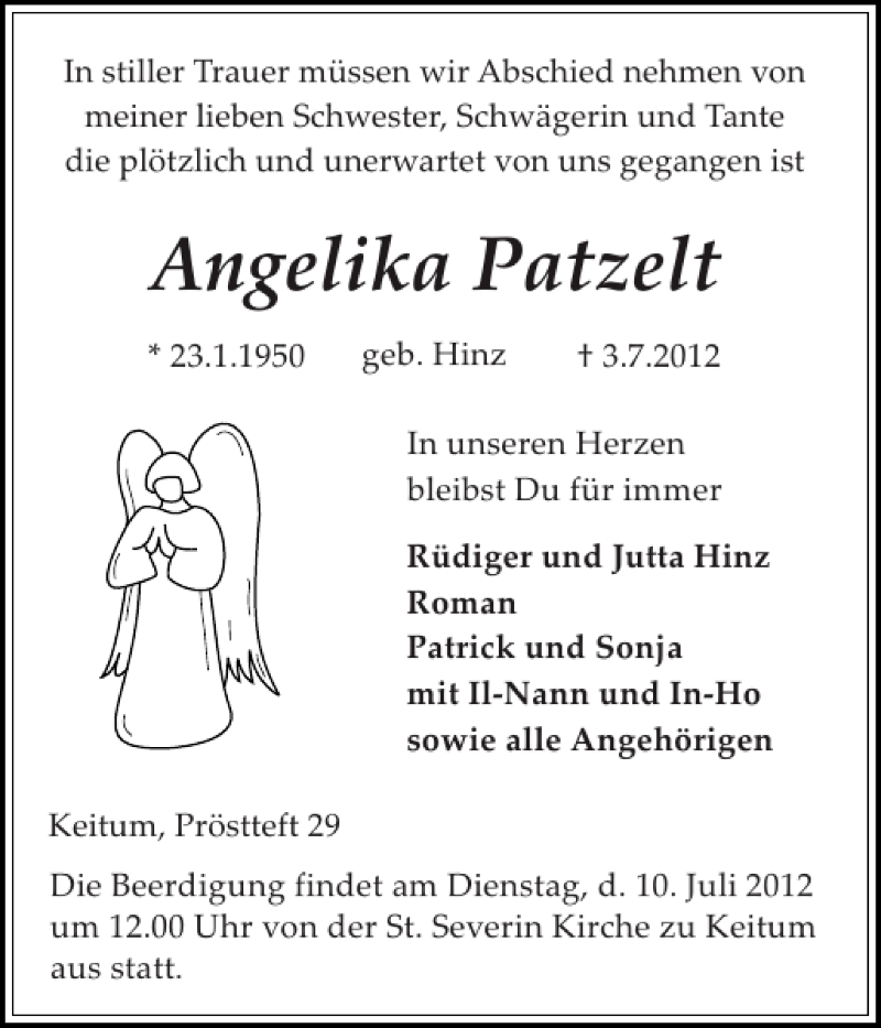  Traueranzeige für Angelika Patzelt vom 05.07.2012 aus Sylter Rundschau