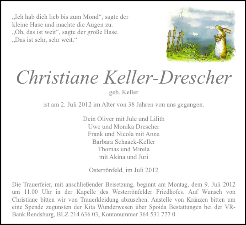  Traueranzeige für Christiane Keller-Drescher vom 05.07.2012 aus Landeszeitung