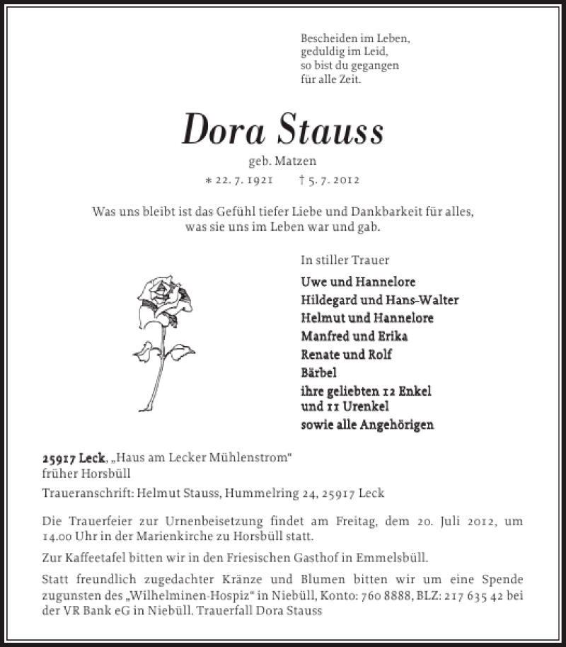  Traueranzeige für Dora Stauss vom 10.07.2012 aus Nordfriesland Tageblatt