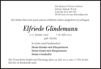 Traueranzeige von Elfriede Glindemann von Norddeutsche Rundschau