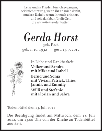 Traueranzeige von Gerda Horst von Landeszeitung