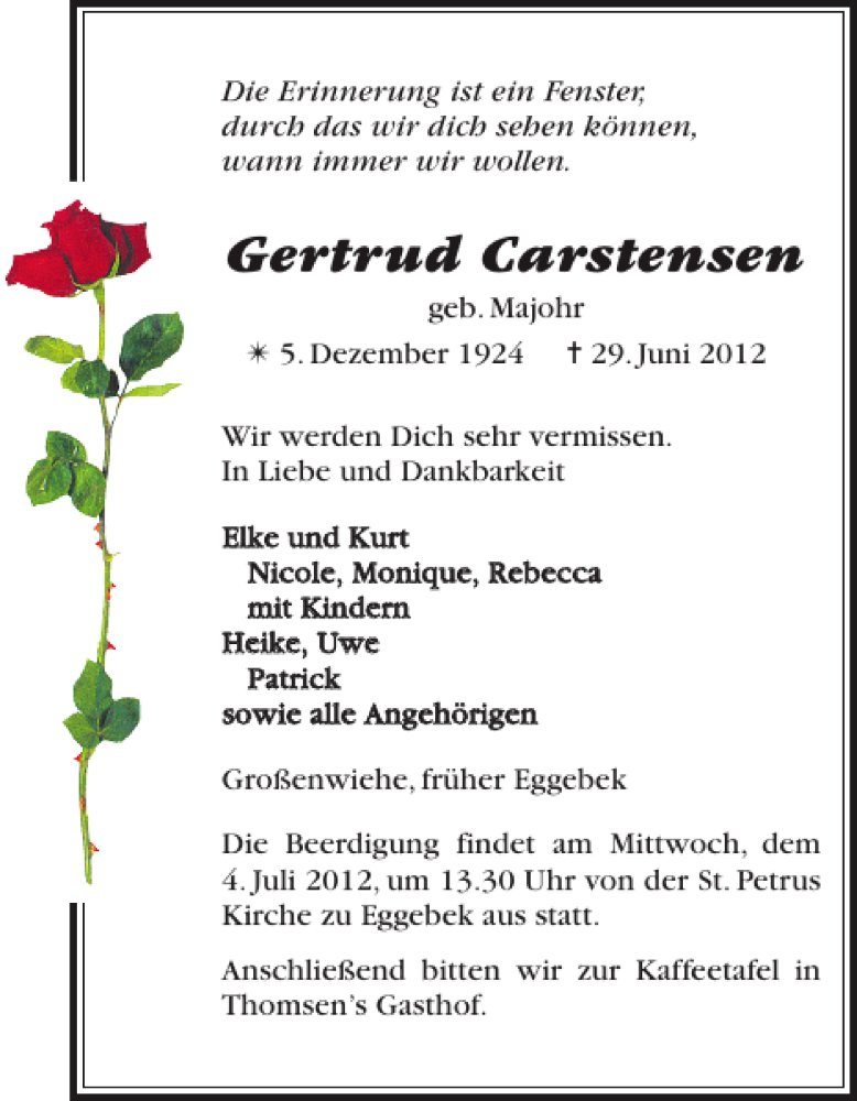  Traueranzeige für Gertrud Carstensen vom 02.07.2012 aus Flensburger Tageblatt