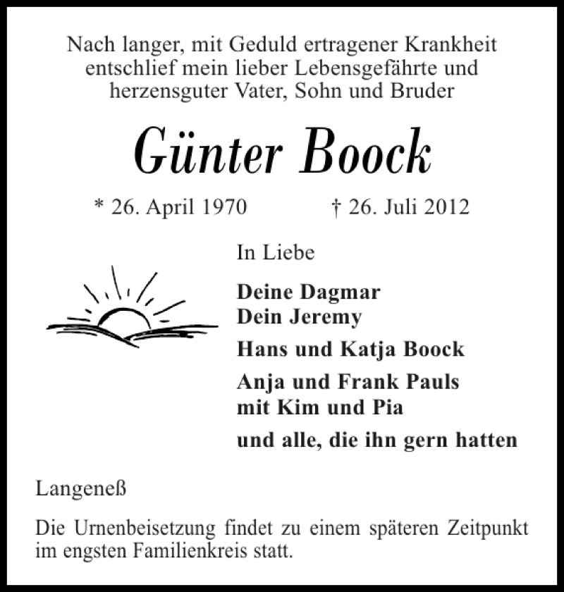  Traueranzeige für Günter Boock vom 28.07.2012 aus Husumer Nachrichten