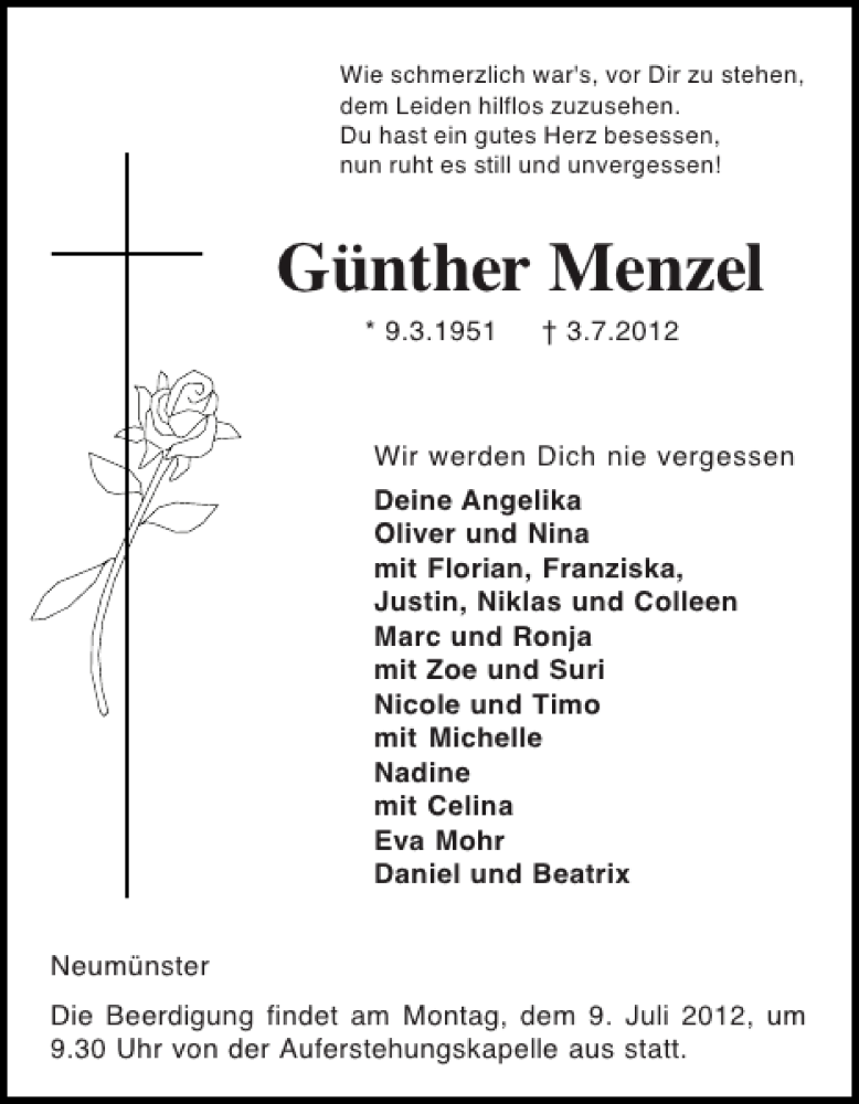  Traueranzeige für Günther Menzel vom 05.07.2012 aus Holsteinischer Courier