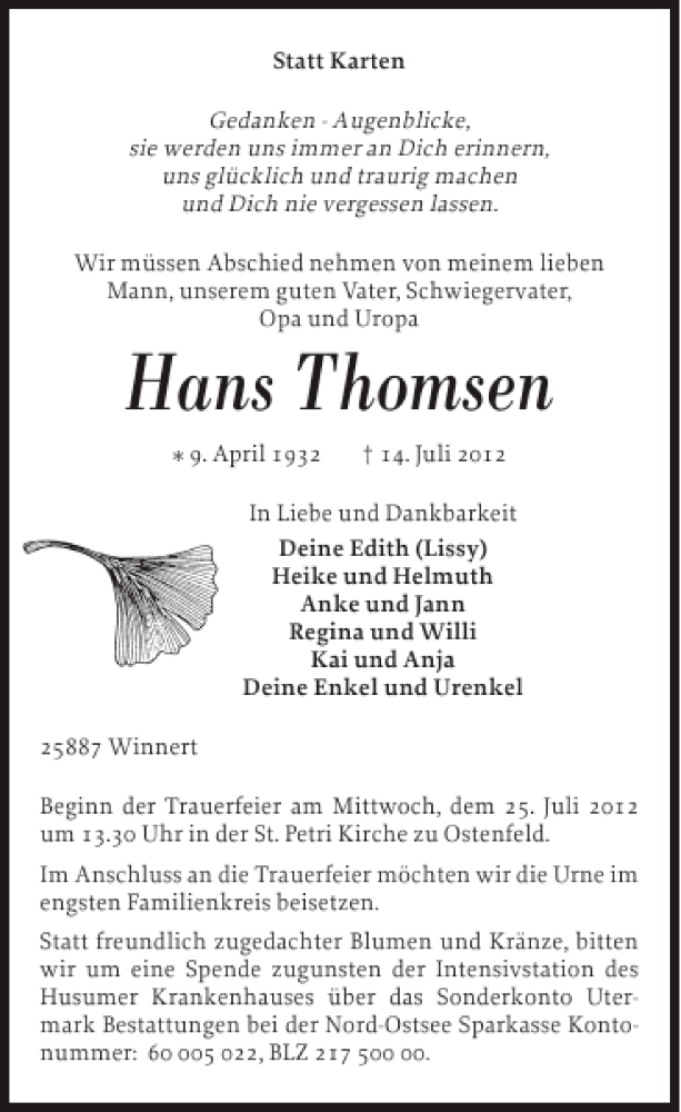  Traueranzeige für Hans Thomsen vom 20.07.2012 aus Husumer Nachrichten