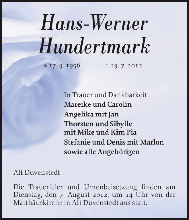  Traueranzeige für Hans-Werner Hundertmark vom 25.07.2012 aus Landeszeitung