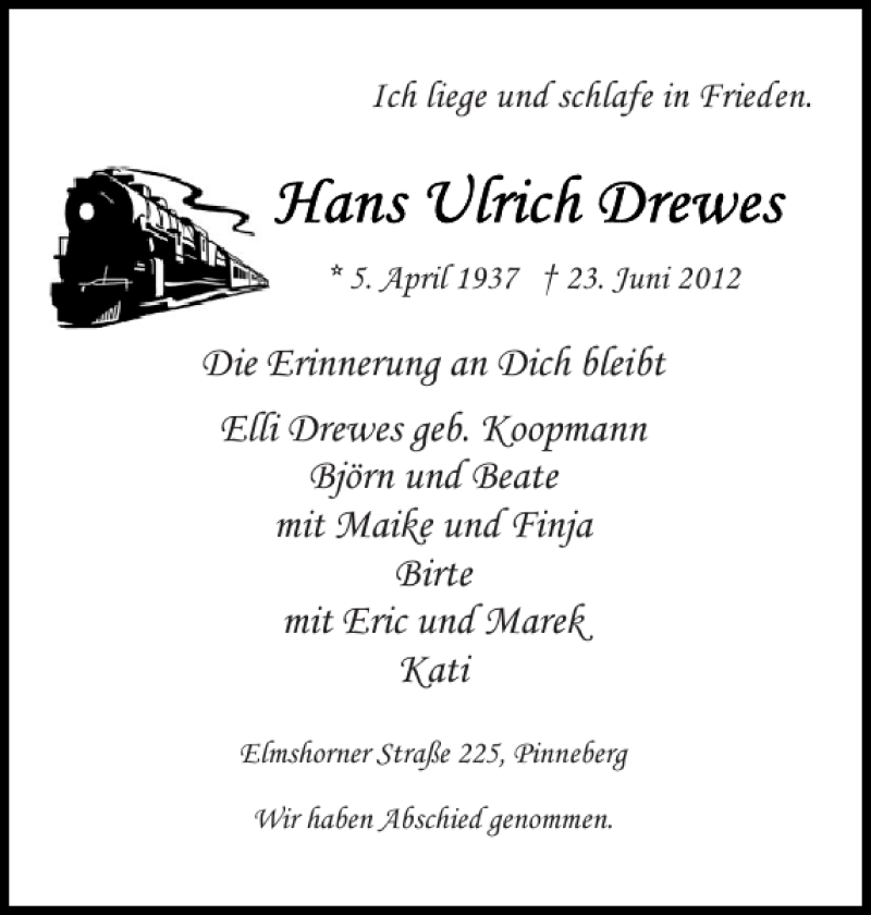  Traueranzeige für Hans Ulrich Drewes vom 03.07.2012 aus Pinneberger Tageblatt