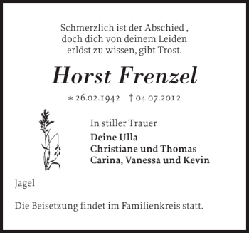 Traueranzeige von Horst Frenzel von Schleswiger Nachrichten