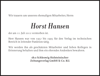 Traueranzeige von Horst Hansen von Flensburger Tageblatt