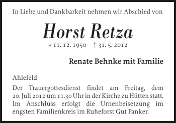 Traueranzeige von Horst Retza von Landeszeitung