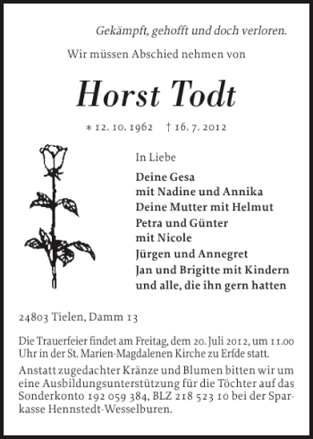 Traueranzeige von Horst Todt von Landeszeitung