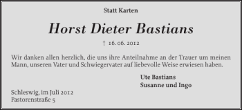 Traueranzeige von Horst Dieter Bastians von Schleswiger Nachrichten