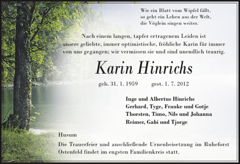  Traueranzeige für Karin Hinrichs vom 05.07.2012 aus Husumer Nachrichten