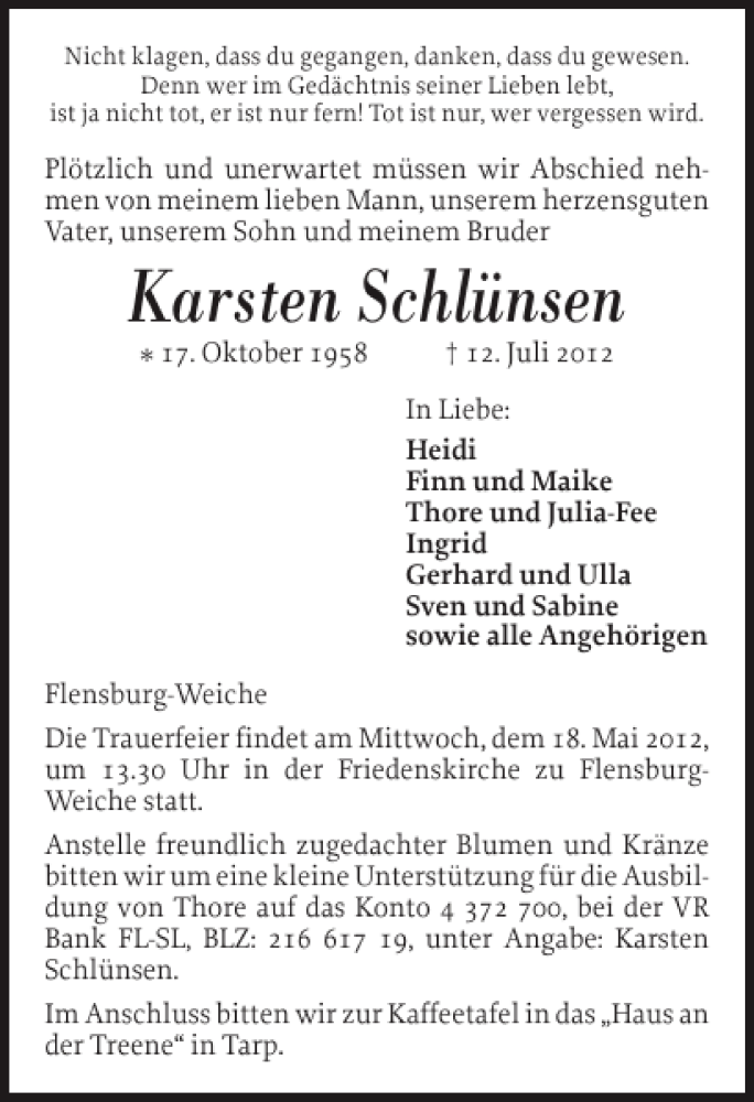  Traueranzeige für Karsten Schlünsen vom 14.07.2012 aus Flensburger Tageblatt