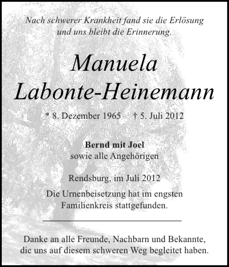  Traueranzeige für Manuela Labonte-Heinemann vom 14.07.2012 aus Landeszeitung