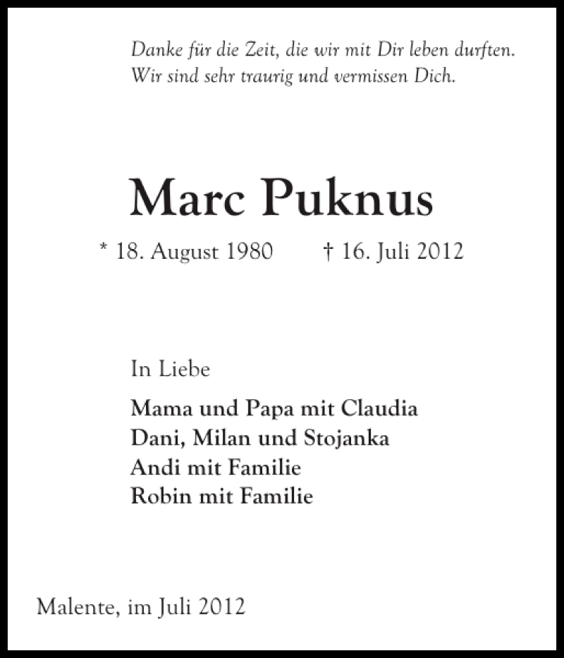  Traueranzeige für Marc Puknus vom 26.07.2012 aus Ostholsteiner Anzeiger