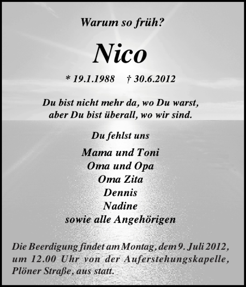  Traueranzeige für Nico  vom 06.07.2012 aus Holsteinischer Courier