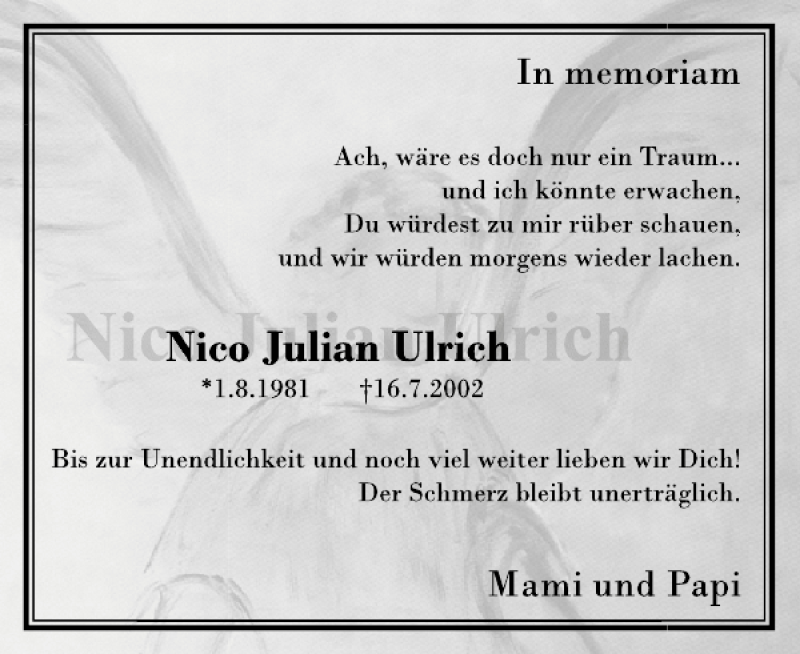  Traueranzeige für Nico Julian Ulrich vom 16.07.2012 aus Elmshorner Nachrichten