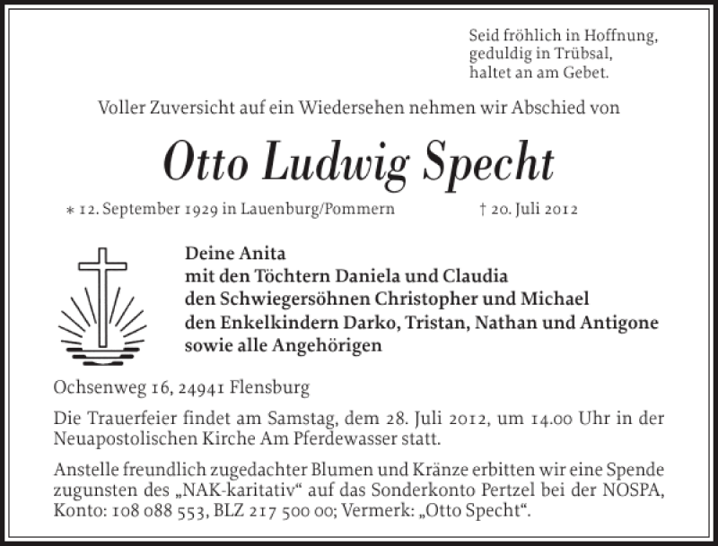  Traueranzeige für Otto Ludwig Specht vom 24.07.2012 aus Flensburger Tageblatt