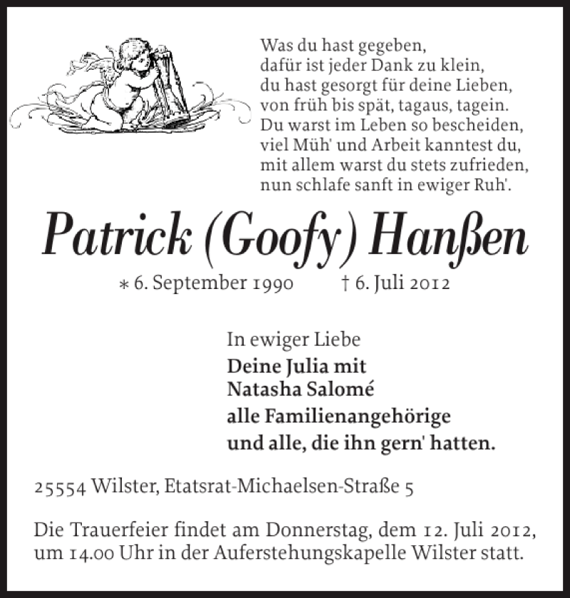 Traueranzeige für Patrick Goofy Hanßen vom 09.07.2012 aus Norddeutsche Rundschau