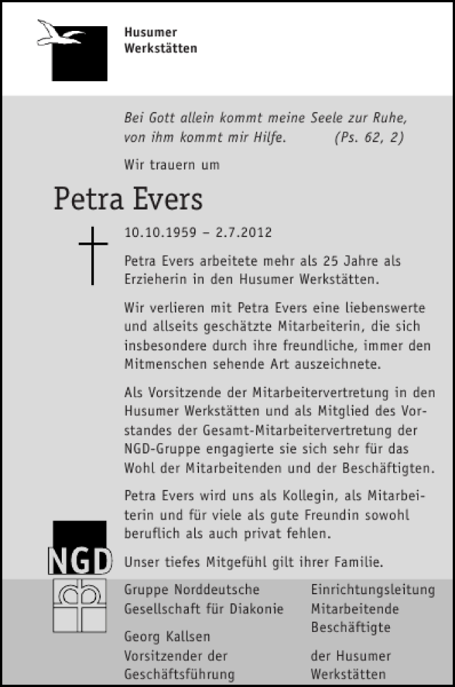  Traueranzeige für Petra Evers vom 25.07.2012 aus Husumer Nachrichten