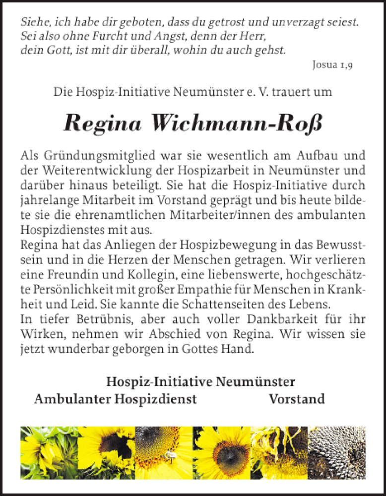 Traueranzeige für Regina Wichmann-Roß vom 11.07.2012 aus Holsteinischer Courier