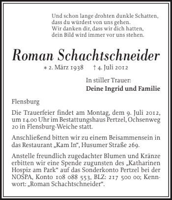 Traueranzeige von Roman Schachtschneider von Flensburger Tageblatt