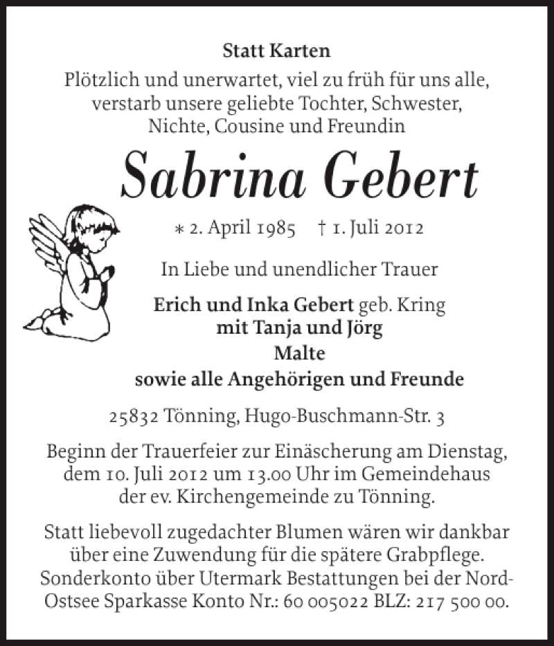  Traueranzeige für Sabrina Gebert vom 07.07.2012 aus Husumer Nachrichten