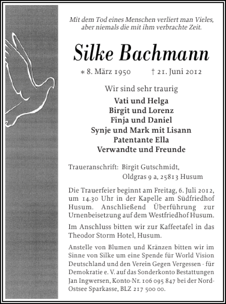  Traueranzeige für Silke Bachmann vom 03.07.2012 aus Husumer Nachrichten