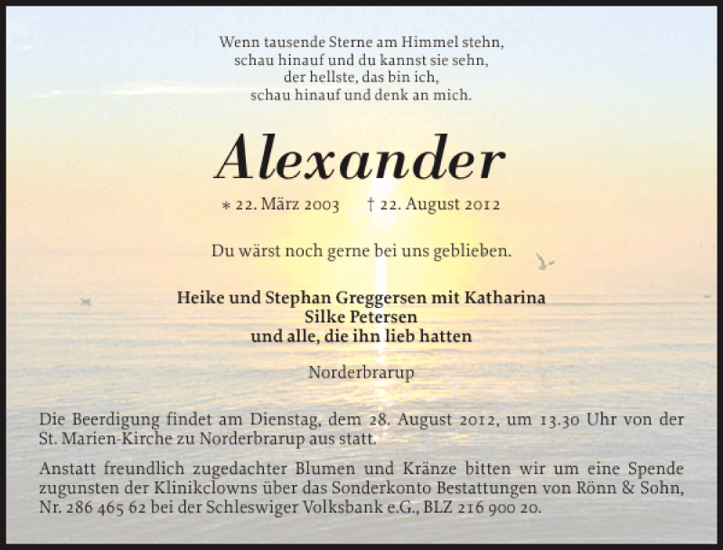  Traueranzeige für Alexander  vom 25.08.2012 aus Schleswiger Nachrichten