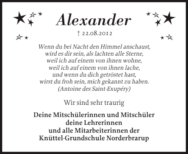  Traueranzeige für Alexander  vom 27.08.2012 aus Schleswiger Nachrichten