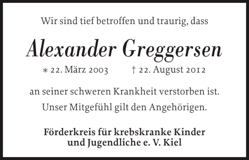  Traueranzeige für Alexander  vom 27.08.2012 aus Schlei-Bote