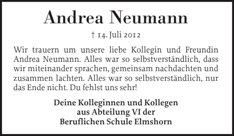  Traueranzeige für Andrea Neumann vom 04.08.2012 aus Elmshorner Nachrichten