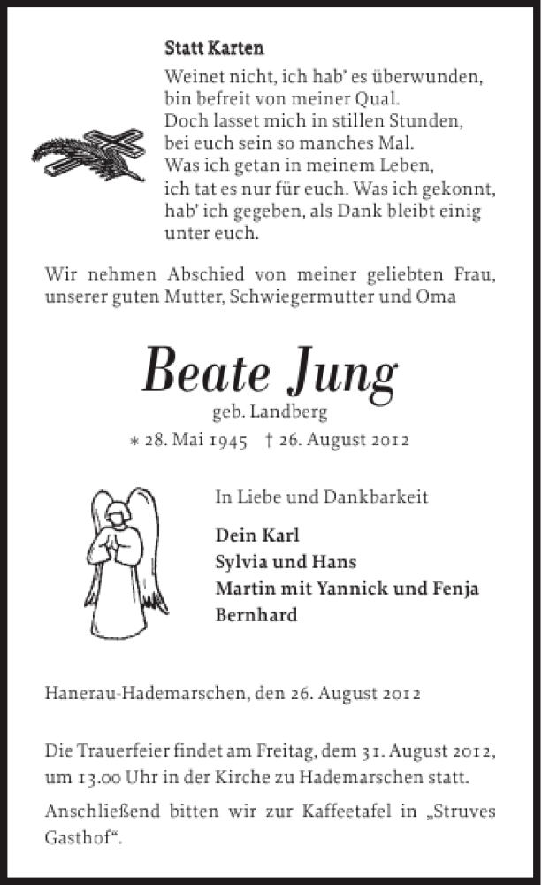  Traueranzeige für Beate Jung vom 28.08.2012 aus Landeszeitung