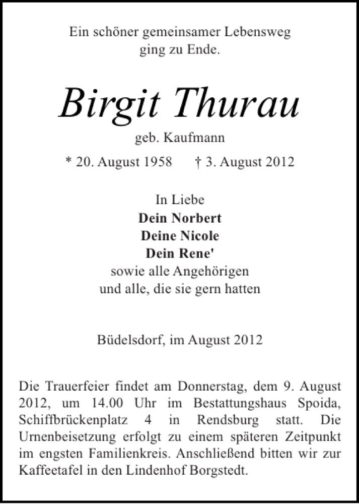  Traueranzeige für Birgit Thurau vom 06.08.2012 aus Landeszeitung