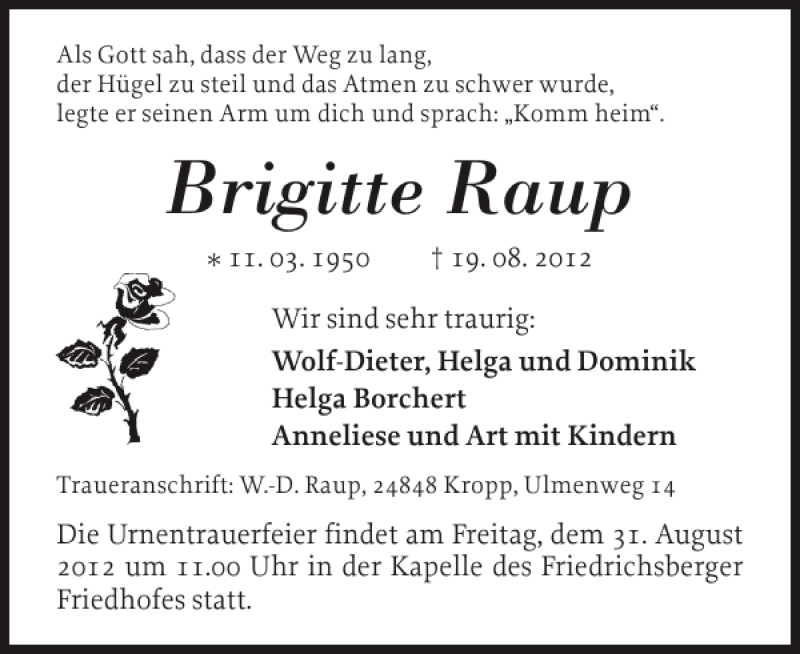  Traueranzeige für Brigitte Raup vom 27.08.2012 aus Schleswiger Nachrichten