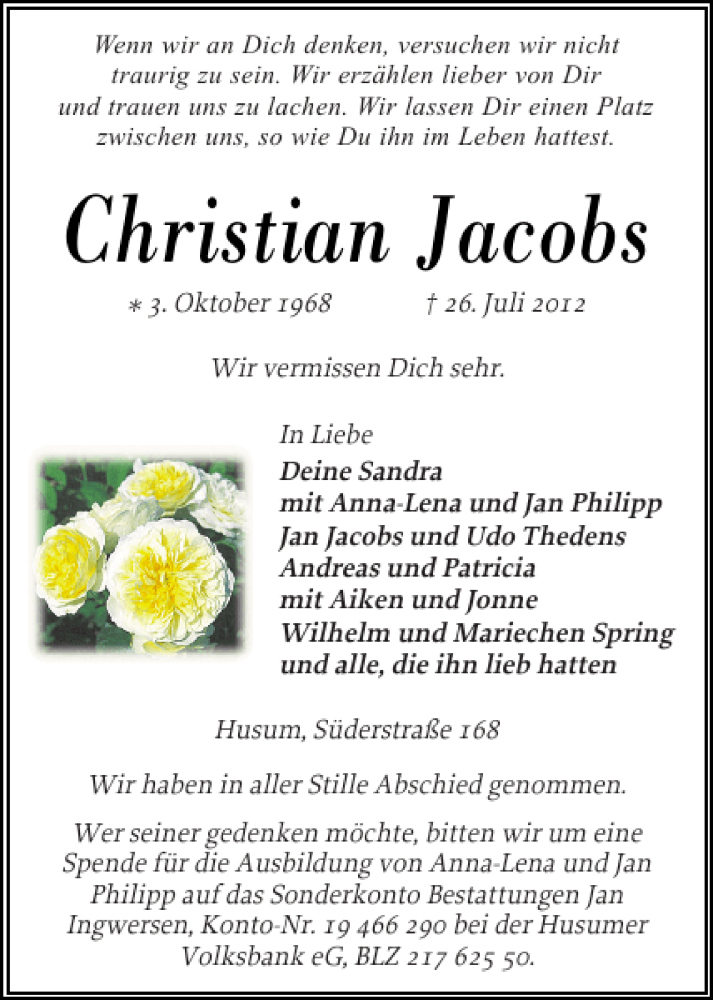  Traueranzeige für Christian Jacobs vom 01.08.2012 aus Husumer Nachrichten