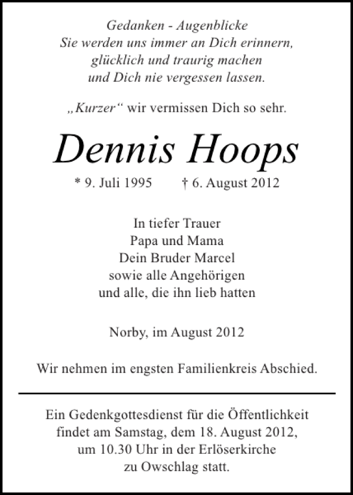  Traueranzeige für Dennis Hoops vom 17.08.2012 aus Landeszeitung