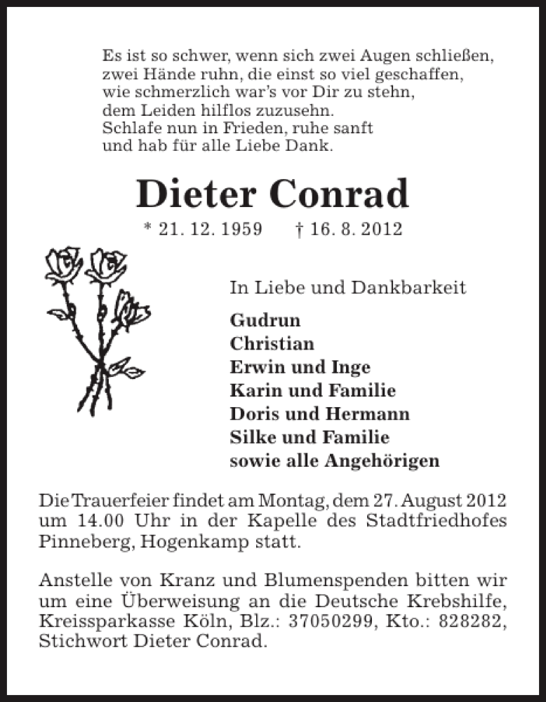  Traueranzeige für Dieter Conrad vom 22.08.2012 aus Pinneberger Tageblatt
