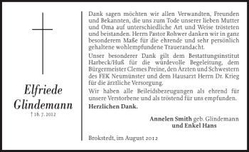 Traueranzeige von Elfriede Glindemann von Norddeutsche Rundschau