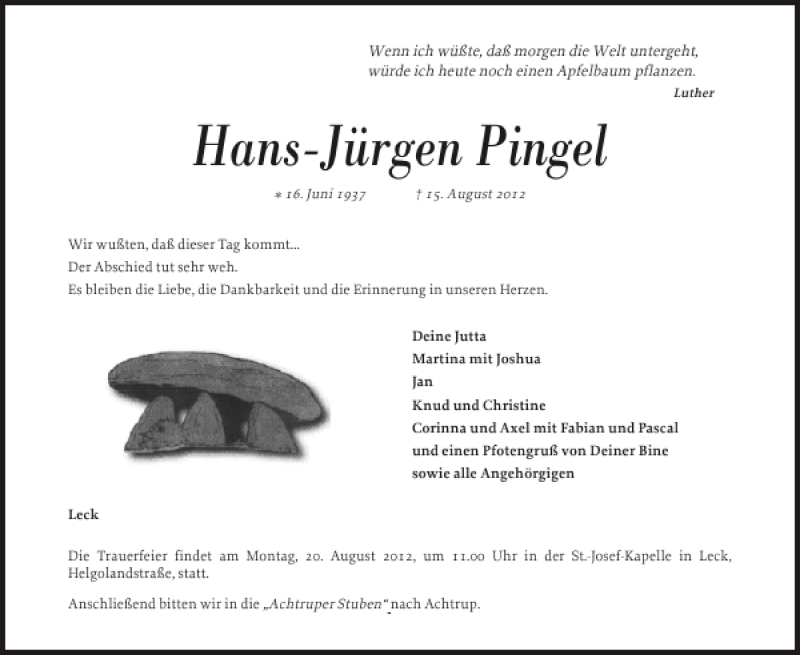  Traueranzeige für Hans-Jürgen Pingel vom 17.08.2012 aus Husumer Nachrichten