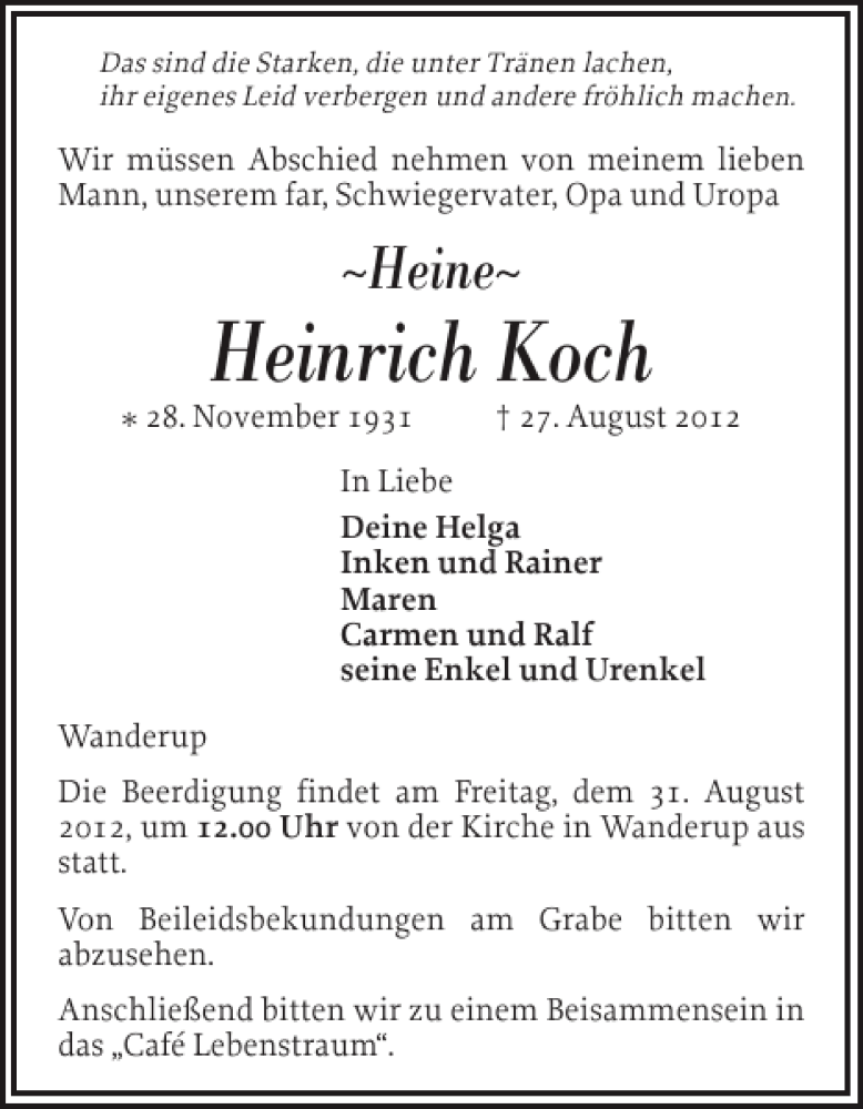  Traueranzeige für Heinrich Koch vom 29.08.2012 aus Flensburger Tageblatt