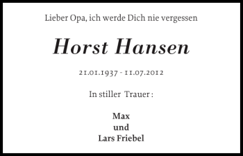 Traueranzeige von Horst Hansen von Flensburger Tageblatt