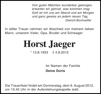Traueranzeige von Horst Jaeger von Holsteinischer Courier
